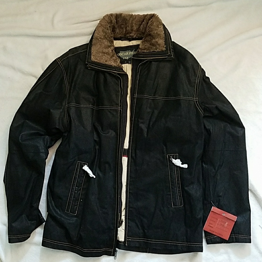 100% Black Leather Oscar Piel Jacket SZ L Mens